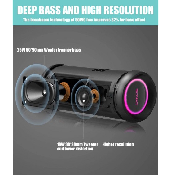 Portable Bluetooth Speaker with Subwoofer, 35W Bass Loud Speaker with Power Bank, IPX7 Waterproof, Wireless Stereo Pairing, 24H Playtime, Speaker with Lights for Outdoor Party, Camping - Black