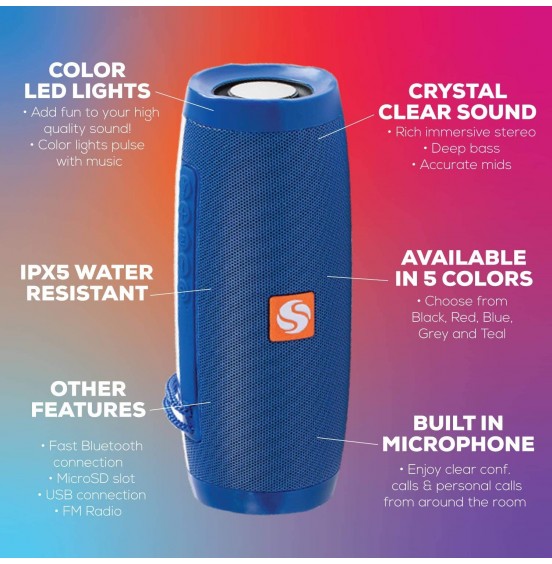 Bluetooth Speaker Portable with Color Lights, Wireless Ipx5 Waterproof Speakers from SilverOnyx, Loud Clear Hd Stereo Sound, Rich Bass Subwoofer, Built-in Mic, for Shower, Home, Travel, Pool - Grey